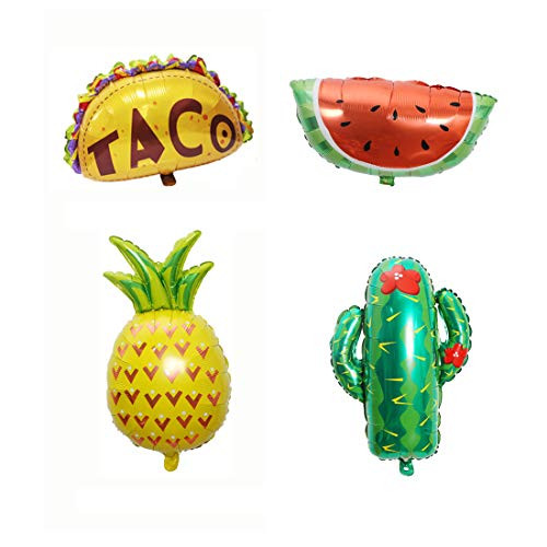 Morndew 4 PCS Summer Time Style Cactus Pineapple Watermelon Tortilla Foil Balloons for Hawaiian Beach Summer Tropical Themed Party Birthday Party Baby Shower Wedding Party Decorations