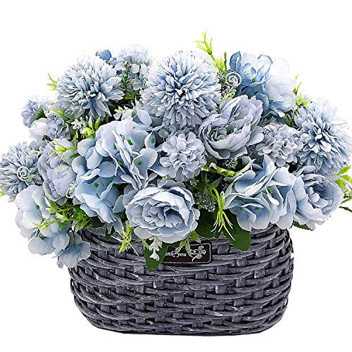 Grunyia Artificial Flowers 4 Bouquet Fake Peony Silk Hydrangea Camellia Faux Daisy Bouquet Wedding Centerpieces Table Arrangements Decoration Blue