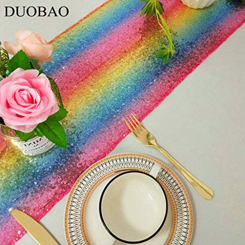 DUOBAO SequinTableRunner Pack of 5 Event Table Runner 12x120Inch Sequins Cake Table Runner Sequence Table Runners 120 Inches Party Table Runner Rainbow