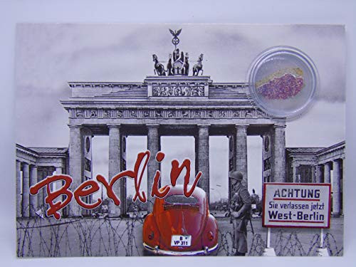 POSTCARD WITH SMALL AUTHENTIC PIECE OF THE BERLIN WALL Berlin Brandenburg Gate VW beetle Germany POSTCARD WITH SMALL AUTHENTIC PIECE OF THE BERLIN WALL Berlin Brandenburg Gate VW beetle Germany