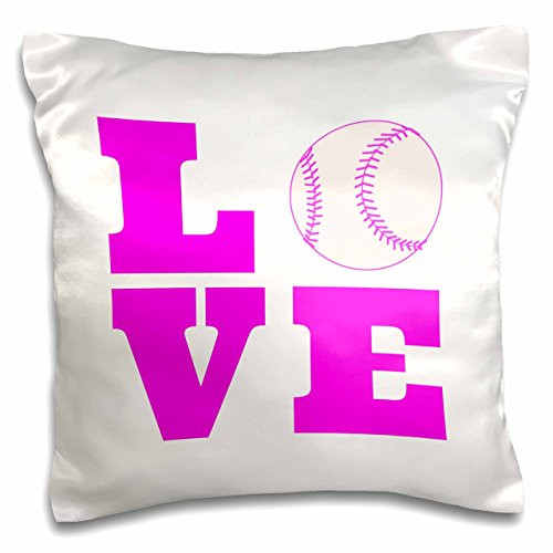 3dRose Love Softball Pink White - pillow Case, 16 by 16-Inch (pc_200768_1)