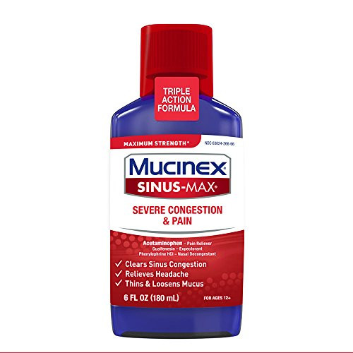 Severe Congestion  Pain Relief Mucinex SinusMax Max Strength 6oz Clears Sinus  Nasal Congestion Relieves Headache  Fever Thins  Loosens Mucus