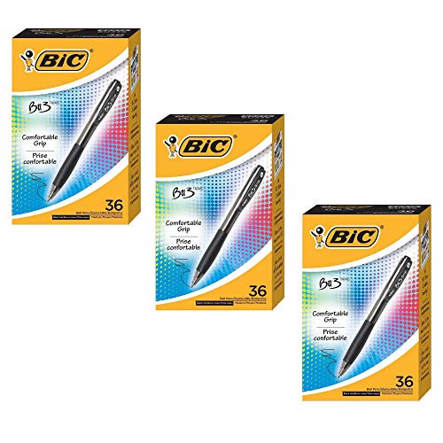 BIC BU3 Grip Retractable Ball Pen Medium Point 10mm Black 36Count 3 Pack