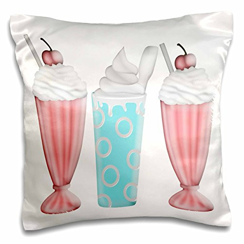 3dRose Two Ice Cream Sundaes and a Milkshake in Pink, Aqua and White Illustration-Pillow Case, 16 by 16" (pc_222635_1)