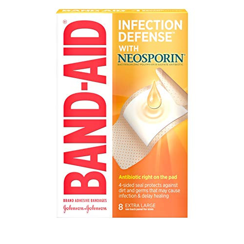 BandAid Brand Adhesive Bandages Infection Defense with Neosporin Antibiotic Ointment for Wound Care and First Aid Extra Large 8 ct BandAid Brand Adhesive Bandages Infection Defense with Neosporin Antibiotic Ointment for Wound Care and First Aid Extra Large 8 ct