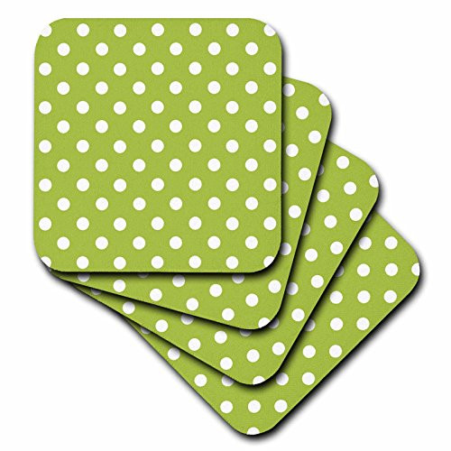 3dRose CST204042 Green and White Polka Dot Print Soft Coasters Set of 8