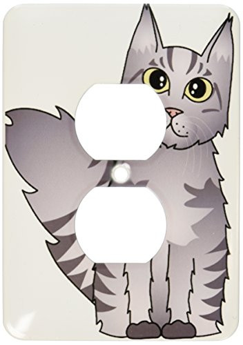 3dRose lsp355166 Two Plug Outlet Cover with Cute Maine Coon Cartoon Cat Silver Tabby