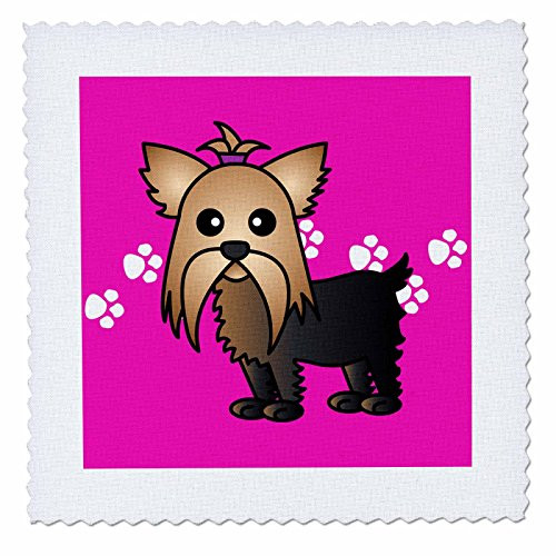 3dRose qs108177 Cute Yorkshire Terrier Yorkie Pink with Paw Prints Quilt Square 18 by 18Inch