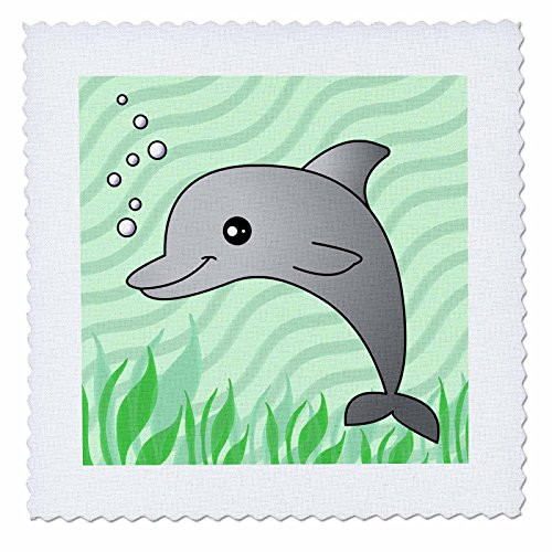 3dRose Janna Salak Designs Cute Grey Dolphin Green Ocean Square Quilt Sheet 10 by 10Inch