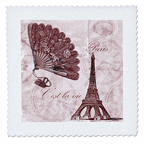 3dRose qs635414 Paris Vintage Eiffel Tower Time in PinksQuilt Square 12 by 12Inch