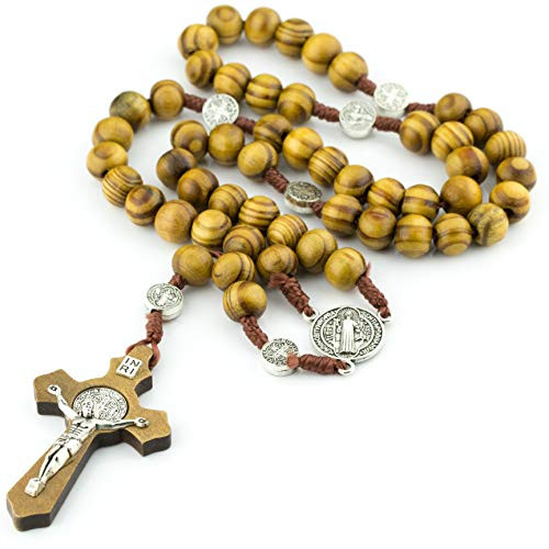 Wood Bead Rosary St Benedict Necklace Confirmation Gifts for Women Men Boys Catholic Prayer Beads Brown Wood Bead Rosary St Benedict Necklace Confirmation Gifts for Women Men Boys Catholic Prayer Beads Brown