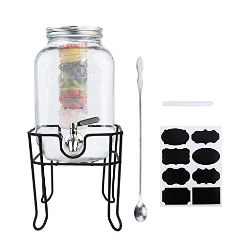 1 Gallon  4000ml Clear Mason Jar With Lids Airtight Glass Jars With Stainless Water Faucet and Ice Cylinder and Jars Holder Perfect for Beer Sun Tea Coffee Coke and Cold Drinks 1 pack