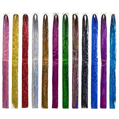 SWACC 48 Hair Tinsel 7200 Strands 12 Colors 12 Pack in Set Sparkling  Shiny Hair Tinsel Extensions Colored Party Highlights Glitter Extensions MultiColors Hair Streak Bling Hairpieces