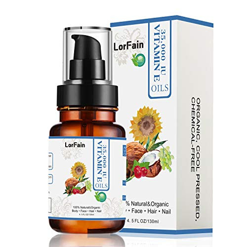 LorFain Natural Vitamin E Oil 35000 IU Blend with Organic Rosehip and Jojoba Oils For Face Skin and Nails Care Reduce Wrinkles Dark Spots Stretch Marks Acne and Scars  45 FL OZ 130ml
