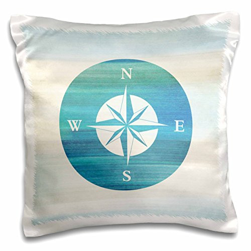 3dRose Aqua Nautical Compass Beach Theme Art Pillow Case, 16" x 16"