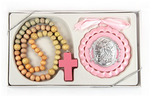 3.5" Guardian Angel Pink Crib Medal with Wooden Baby Rosary In Gift Box 3.5" Guardian Angel Pink Crib Medal with Wooden Baby Rosary In Gift Box