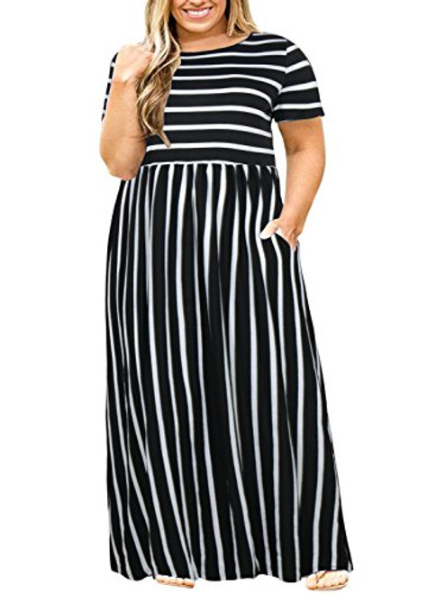 Nemidor Women Short Sleeve Loose Plain Casual Plus Size Long Maxi Dress with Pockets Black Stripe 18W