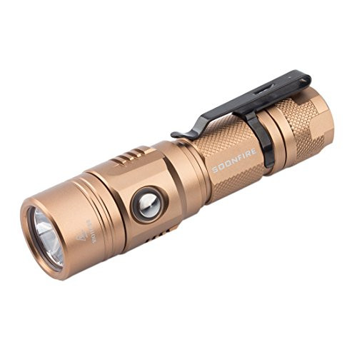 Soonfire Multifunctional 1000 Lumen Ultrabright Rechargeable CREE XPL LED EDC Flashlight with 18650 3400mAh Rechargeable Liion battery Gold