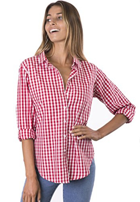 CAMIXA Womens Gingham Shirt Checkered Casual Long Sleeve Button Down Plaid Top M RedWhite