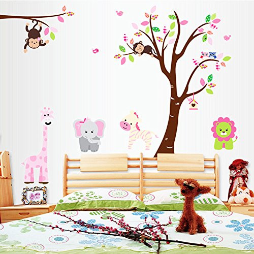 Jungle Tree Wall Decal Nursery Kids Wall Decor Giraffe Monkey Lion Wall Decals Jungle Mural Vinyl Nursery Wall Stickers for Kids Room Decor (Large Tree)