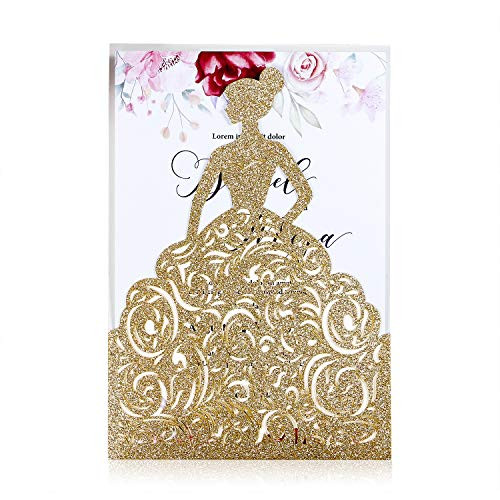 FEIYI 25PCS Laser Cut Wedding Invitations Cards for Birthday Sweet 15 Quinceañera Party Invite Wedding Bridal Engagement Invite Gold Glitter