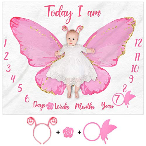 Butterfly Baby Milestone Blanket Watercolor Baby Girl Monthly Blanket Age Photo Props Soft Fleece Blanket Milestone Newborn Baby Gift Idea Photography Backdrop