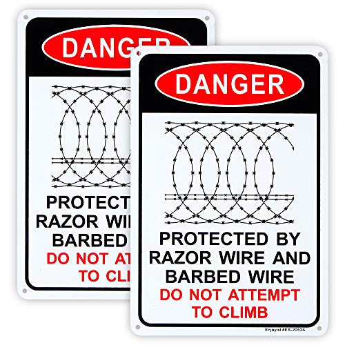2 Pack Danger  Protected by Razor Wire  Barbed Wire Do Not Climb Sign 10x 7 04 Aluminum Sign Rust Free AluminumUV Protected and Weatherproof
