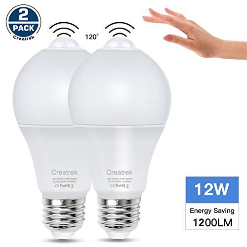 Creatrek Motion Sensor Light Bulb 12W E26 White 6000K PIR LED Bulb 100W Equivalent 2 Pack