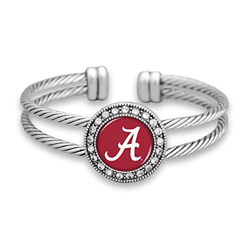 FTH Alabama Crimson Tide Silver Tone Double Cuff Bracelet with Circle Logo Embellished with Crystals