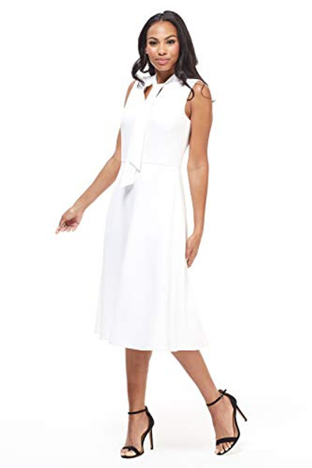 Maggy London Womens Sleeveless Front Neck Tie Fit and Flare Stretch Midi Dress Soft White 16