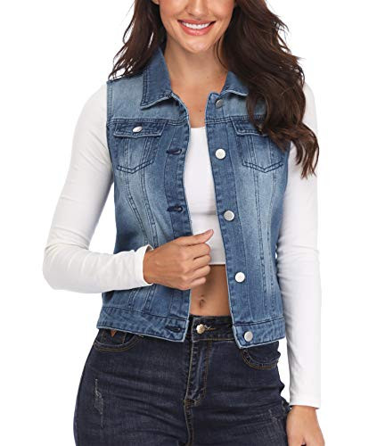 MISS MOLY Womens Crop Denim Vest Distressed Washed Classic Jean Jacket Dark Blue S