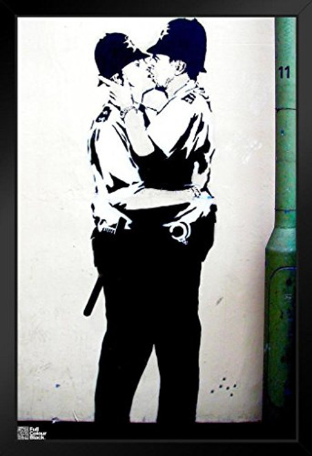 Pyramid America Kissing Coppers Banksy Black Wood Framed Poster 14x20