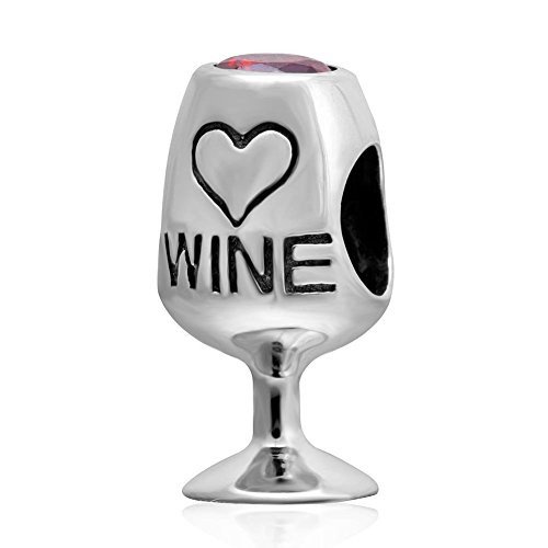 Red Wine Lover Glass Christmas Charms Authentic 925 Sterling Silver with Red Cubic Zircon Love Heart Bead Charms