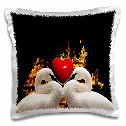 3dRose Photograph of Two White Swans with a Red Heart Against Fire Pillow Case, 16 x 16