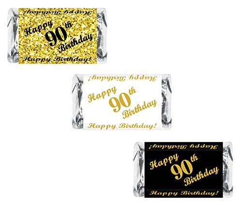 RokAPary 90th Birthday Miniatures Candy Bar Wrapper Set of 60 Mini Candy Bar Stickers 3 Designs 24 Gold 24 Black 12 White Candy Not Included