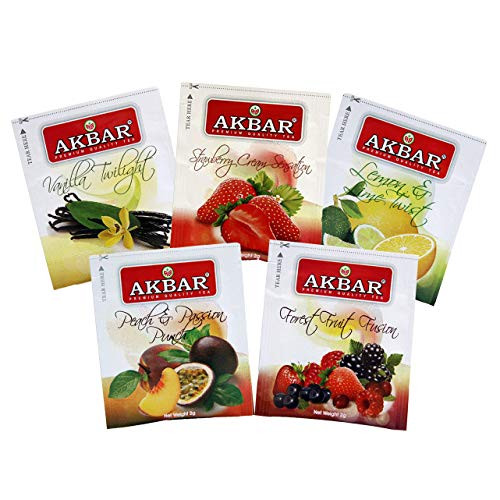 Akbar  Tea Sampler  Forest Fruit Vanilla Twilight Peach Passion Lemon Lime and Strawberry Cream  Pure Ceylon Black  Green Tea  Real bits of Fruit  Food Service Foil Tea Bags  Pack of 100