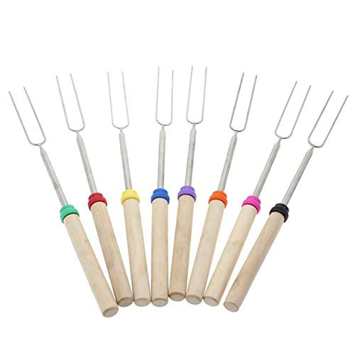 Houchu 8Pcs Roasting Sticks Stainless Steel Marshmallow Roasting Sticks with Wooden Handle Extendable Forks Set Telescoping Forks for Hot Dog Campfire Camping BBQ Tools