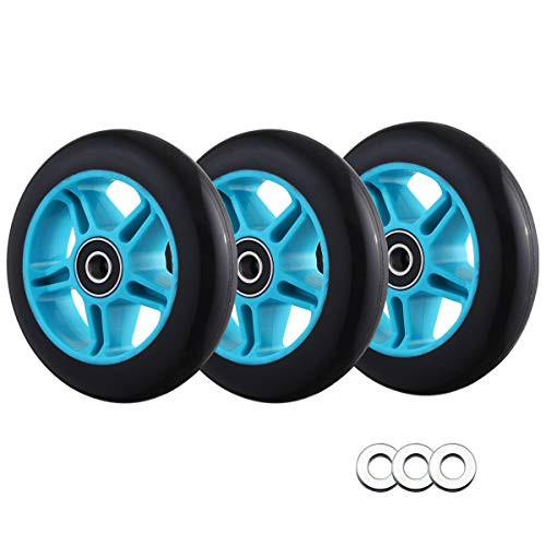 Polyurethane Replacement Wheels 3Pack wSpacers Compatible with EzyRoller ClassicDrifterJunior Kid RideOn Toy Scooter Blue