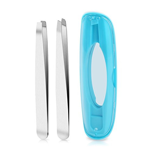 ?2 Packs?Slant Tweezers Professional Stainless Steel Slant Tip Precision Tweezer for Eyebrow and Hair Remover Blue