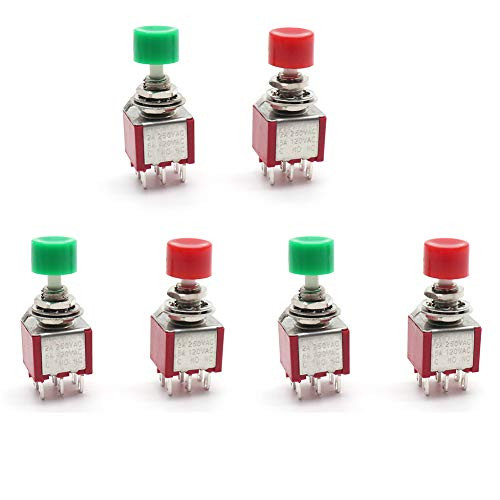 TOUHIA AC 2A 250V/5A 120V 6mm 6 Pins Momentary Push Button Switch DPDT No NC,6Pcs(Red&Green)
