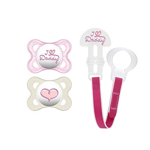 MAM Pacifiers and Baby Pacifier Clip, Baby Pacifier 0-6 Months and Baby Pacifier Clip, Best Pacifier for Breastfed Babies, I Love Daddy' Design Collection, Girl, 3-Count