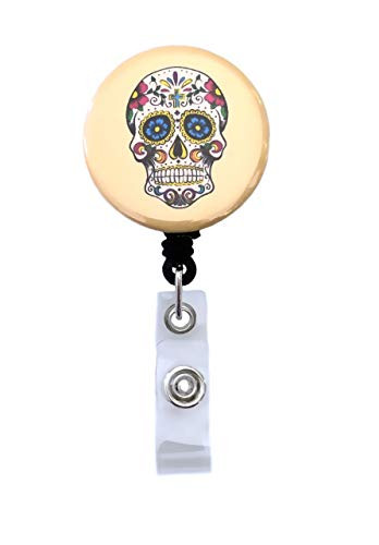 Colorful Sugar Skulls Retractable Badge Reel ID Badge Holder Design 3