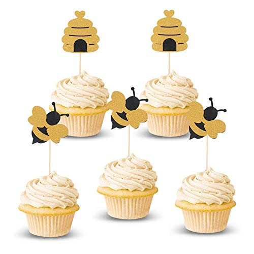 Lauren 48 Pcs Glitter Bumble Bee Cupcake Toppers Bee Gender Reveal Cupcake Toppers for Baby Shower Birthday Party Decor