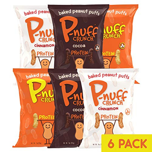 Pnuff Crunch  Variety Pack Peanut Puffs  Vegan Protein Puffs  Vegan Snacks  Plant Based Protein Snack  Healthy Snack  Gluten Free Snacks  Gluten Free Vegan Puffs  Baked Protein  4oz  6 Pack