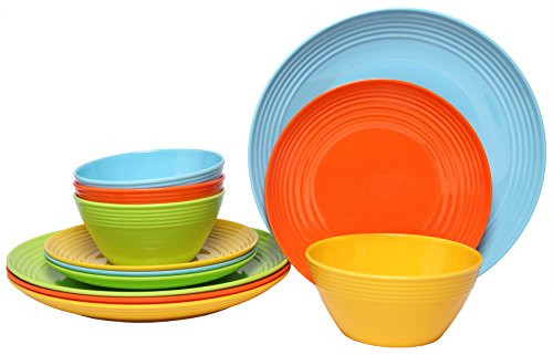 Melange 12Piece Melamine Dinnerware Set Solids Collection   ShatterProof and ChipResistant Melamine Plates and Bowls  Color Multicolor  Dinner Plate Salad Plate  Soup Bowl 4 Each