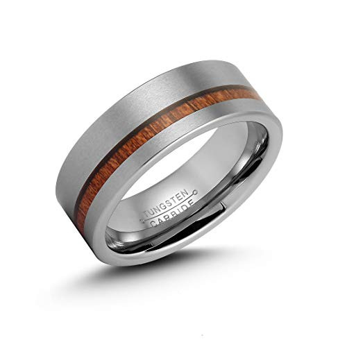 LerchPhi Mens 8mm Silver Tungsten Carbide Ring Outside Matte Brushed with Wooden Texture Inlay Free Personalized Engrave Supported Comfort Fit Wedding Band