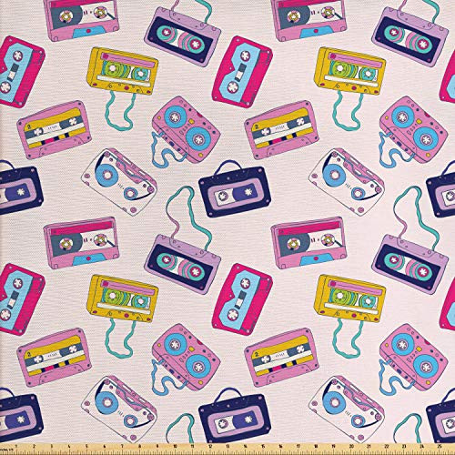Lunarable 90s Fabric by The Yard, Pattern of Cassette Tapes Collection Entertainment Audio Playing Disco DJ Old Record, Decorative Fabric for Upholstery and Home Accents, 1 Yard, Multicolor