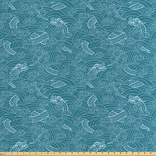 Lunarable Dragon Fabric by The Yard, Asian Dragon Illustration Drawn in Swirling Lines Dreamy Design Curvy Pattern, Decorative Satin Fabric for Home Textiles and Crafts, 1 Yard, Pale Blue Teal