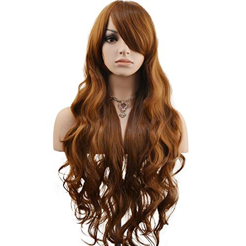 YOPO 32 Wigs Long Wavy Hair Wig with Bangs Cosplay Party Costume Natural Wig Synthetic Heat Resistant Fiber Wigs for Women32 Brown