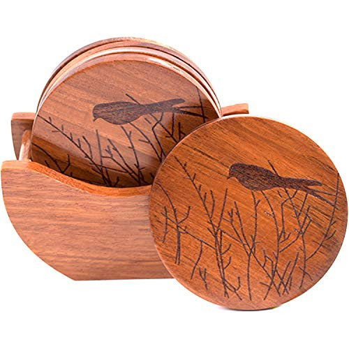 Equeen Handicraft Wooden Coasters with Holder 100 Natural Wooden Coasters for Drinks Absorbent with Holder Cup Coasters for Table Wood Coasters Handmade Wood Drink Coasters with Holder  6 Pcs